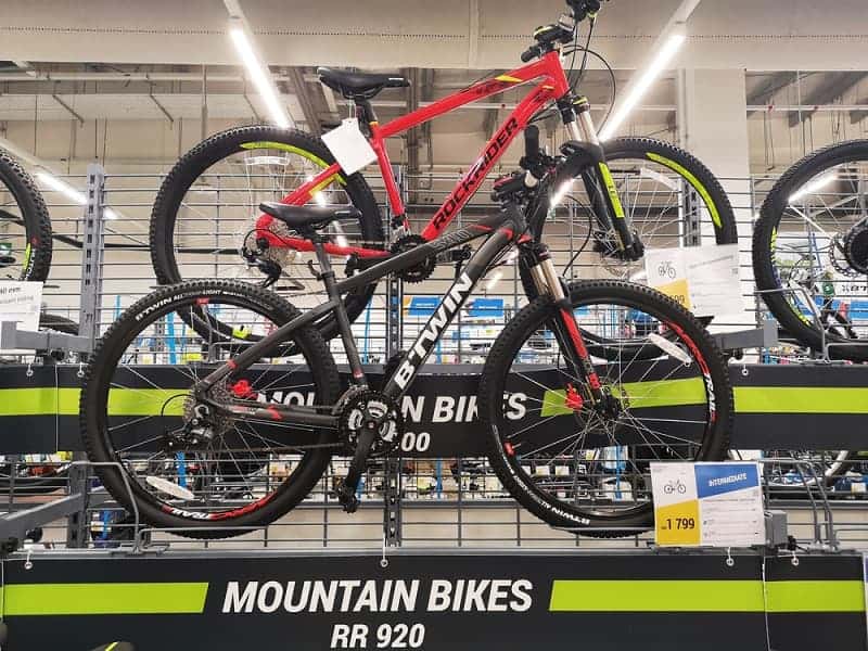 mountain bike displayed on a shop with price tag